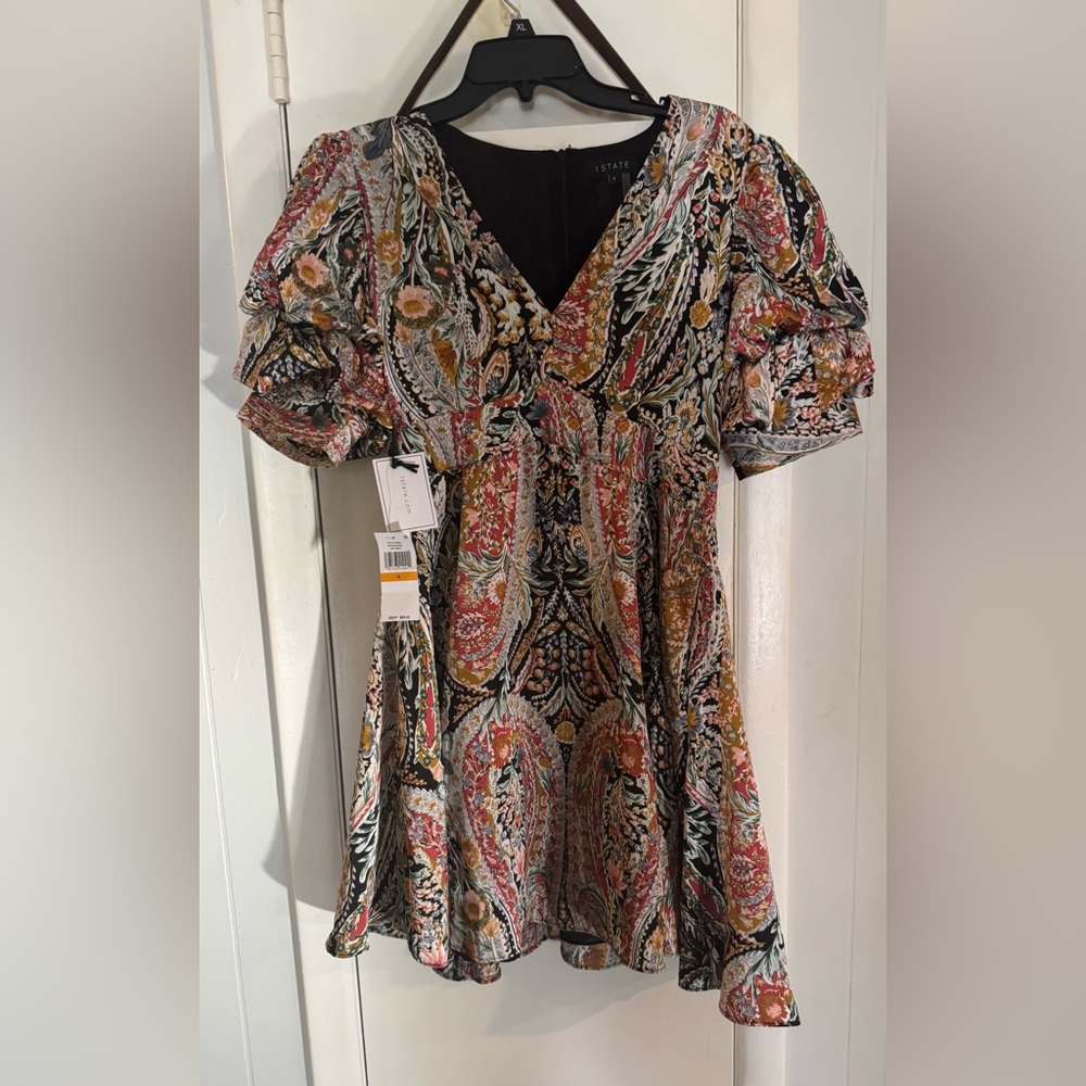 1. State Red and Orange Puff Sleeve Mini Dress